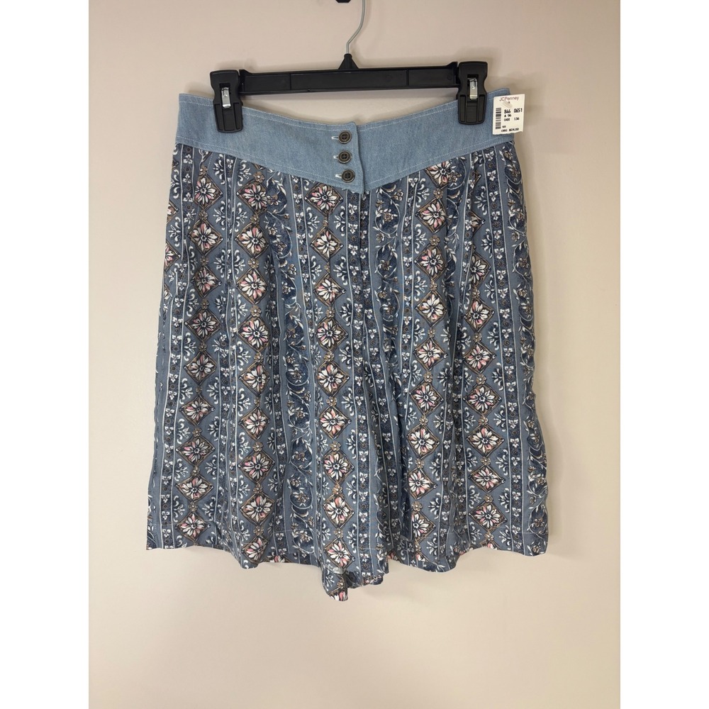 Vintage Cowboy Flowy Denim Waist Floral Print Shorts Womens Large Blue High Rise